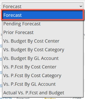 Forecast screen view dropdown: Forecast, Pending Forecast, Prior Forecast and the comparisons with budget and prior forecast