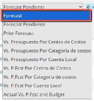 Lista de vistas de la pantalla de forecast: Forecast, Forecast Pendiente, Prior Forecast y las comparaciones con presupuesto y forecast anterior